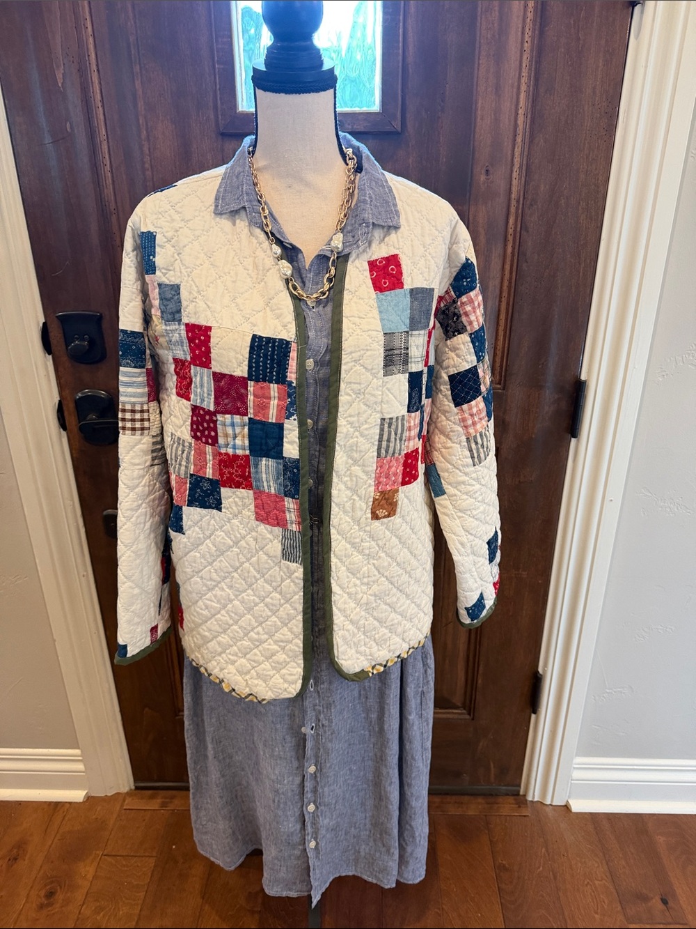 Scofield Patchwork Quilted Utility Jacket in Cream with Red & Blue Accents